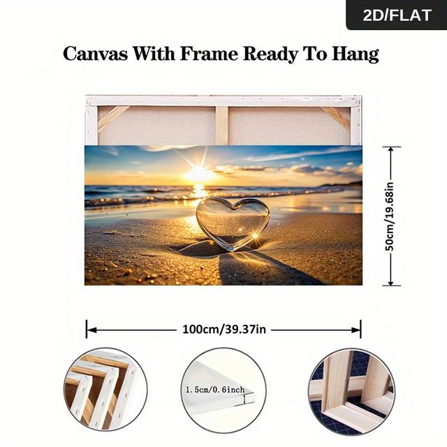 TEMU 2D Flach, . Moderne Abstrakte Herz am Strand am Sonnenuntergang Leinwandkunst - 19.68x39.37in Gerahmte Wanddekoration, Holzrahmen, Ideal für Wohnzimmer und Schlafzimmer, Strandthema Dekor