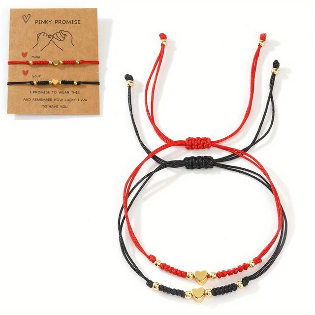 TEMU 2pcs Women's Bohemian Style Handmade Braided Heart Knot Couple Bracelet Set, Suitable For Daily Men And Women, Includes Card, Perfect Gift For Couples