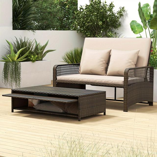 TEMU Lifezeal Patio Adjustable Wicker Daybed, Rattan Loveseat & Storage Ottoman W/ 4-level Backrest & Soft Cushions, Space-saving 2-person Sun Lounger For Backyard, Porch