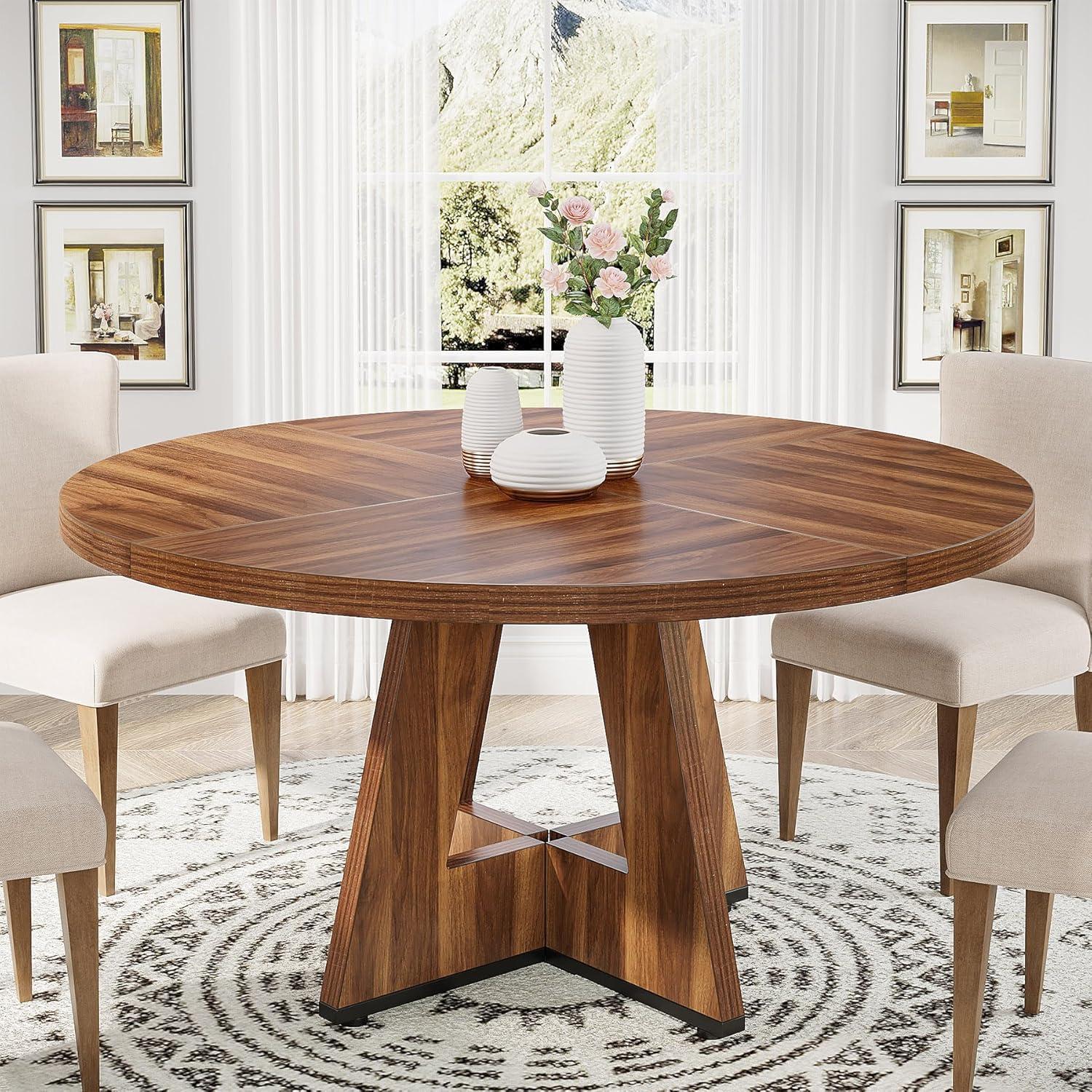 TEMU Table Ronde de Salle à Manger, Table pour Cuisine ou Salon, 120 cm, 4 Places, Style Ferme avec Planche et Pieds en Bois, Marron Rustique