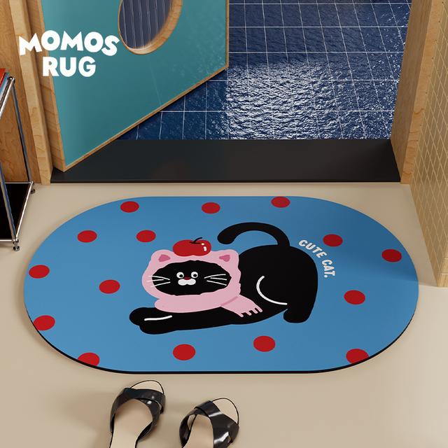 TEMU 1pc 귀여운 만화 고양이 미끄럼 방지 욕실 매트 - 부드러운 고무 욕실 매트, 재미있는 핑크 & 화이트 폴카 도트 디자인, 내구성 및 청소가 쉬운 주방, 욕실, 또는 화장실 사용, 욕실 매트, 주방 바닥 매트, 재미있는 디자인, 쉬운 청소 재료