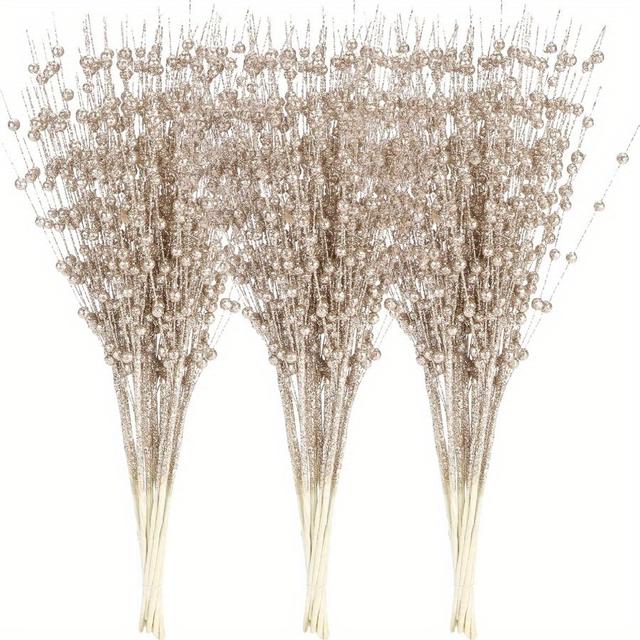 TEMU 24pcs Pack Sparkling Artificial Stem Ornaments With Bead Sticks & Glittery Twig Branches - Shiny Plastic Berries Suitable For Christmas Tree, Wedding, Party Decor - Champagne (24pcs)