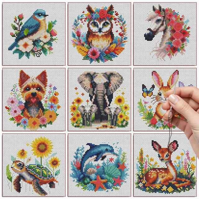 TEMU 9-teiliges DIY Kreuzstich-Set Tiermotive Eule Elefant Hase Pferd 11CT Mittelgitter Drei Fadenstränge Stickerei Delfin Schildkröte Hirsch Hund Heimdekoration