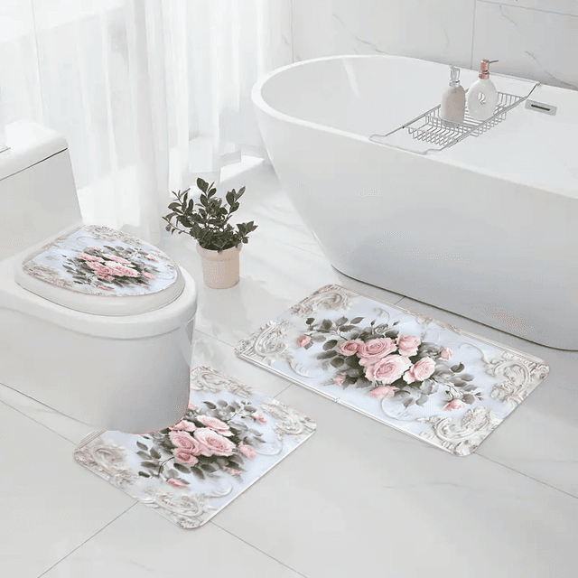TEMU ローズ彫刻背景 トアート フトイレセット、高品質フ素材、柔らかく快適、洗濯可能、クリスマスや新年のバスルームレーションに最適