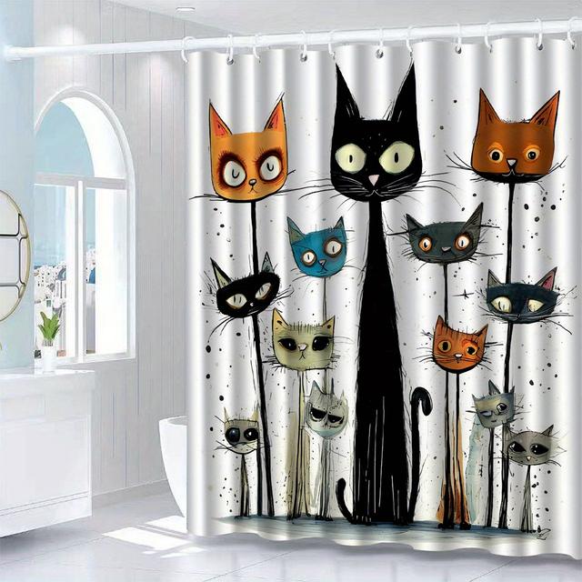 TEMU Cute Kitten Pattern Printed Shower Curtain With Hooks, Windows And Walls, Bathtub, Bathroom Home Decoration, Shower Curtains Suitable For All