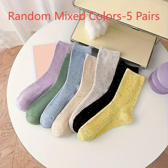 TEMU 5-pair Mid-calf Women's Socks, Fashionable New Style Sweet Candy-colored Cute Idea Gauze Full Set Comfortable Casual Long Socks