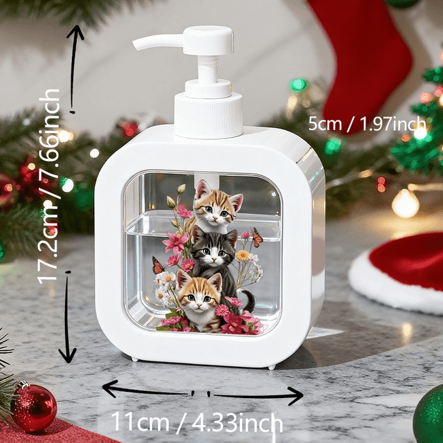 TEMU Creative Bathroom Dispenser With Hand Pump - 3 Kittens Snuggled In Flowers, Black Background Design, Suitable For Bathrooms, Kitchens, Sink - Ideal For Soap, Toilet Paper, Lotion