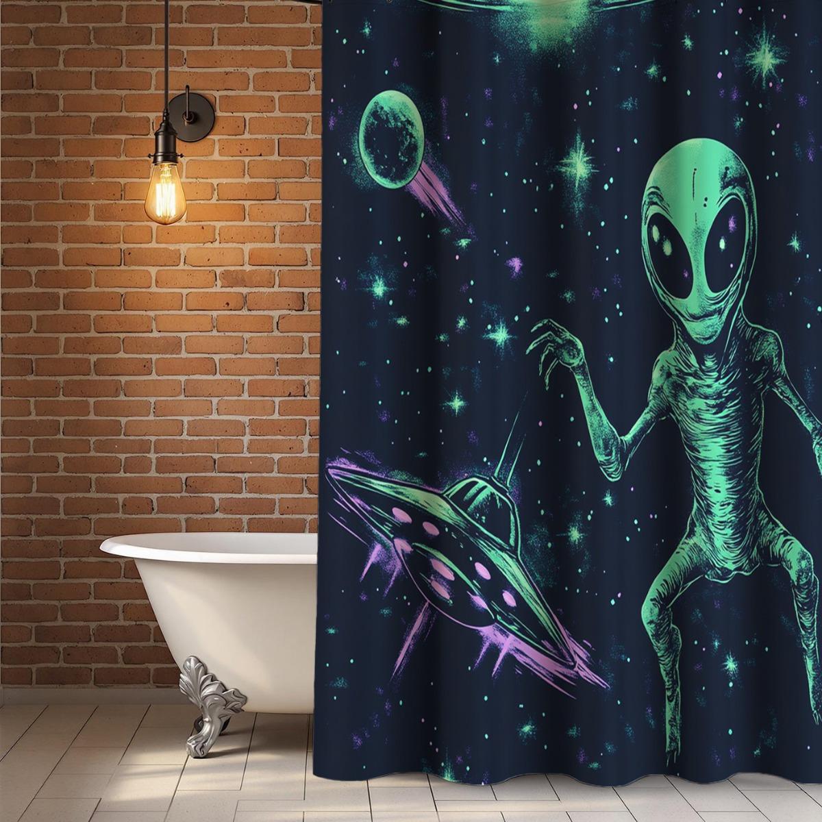 TEMU Juego de Cortina de Ducha con UFO, 1/4 Piezas, Alfombra Antideslizante y Cubierta para Tapa de Inodoro, Accesorios de Baño Completo, Decoración del Hogar, Regalo Ideal para