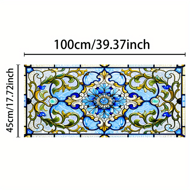 TEMU 1pc, Pvc Material, 2d Flat Window Film, 39.37x17.72 Inches, Blue And Golden Floral Vine Pattern Glass Sticker, Electrostatic , Cuttable, Light Filtering, Suitable For Makeup Room Or Windows