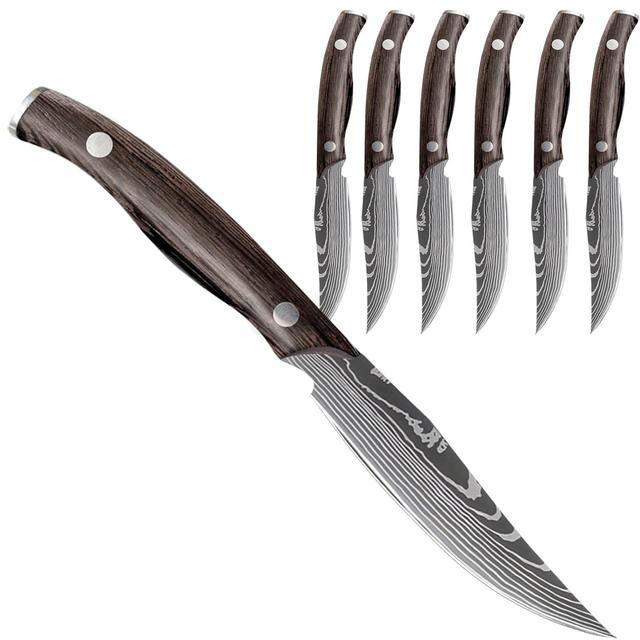 TEMU Set di 6 Coltelli, Set Coltelli da , Coltelli in Acciaio Inossidabile ad Contenuto di Carbonio 7Cr17Mov, in Legno, Design Full Tang, Coltelli da Cena Affilati, Set Coltelli da con Ergonomico