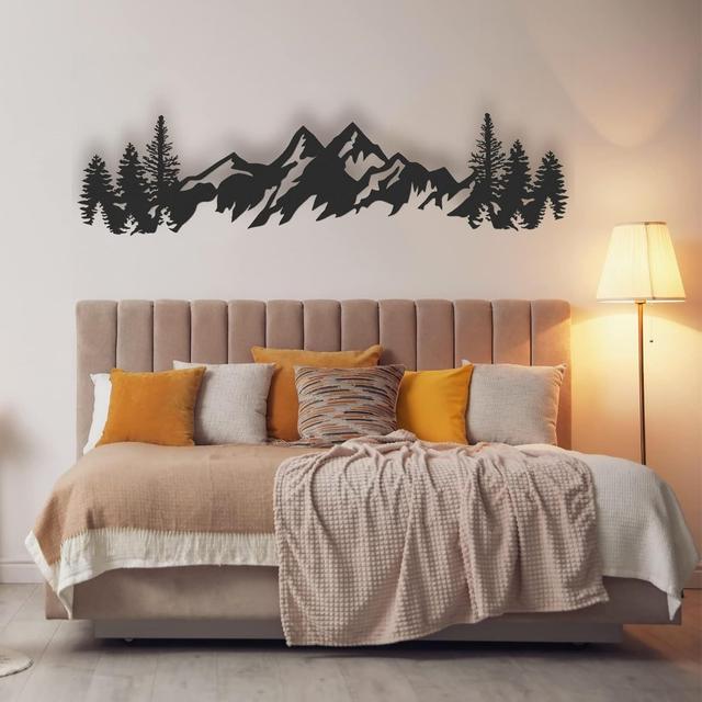 TEMU 37 x 9 Zoll großes Metall-Wandkunstwerk - Berglandschaft dekorativer Banner mit Kiefern, schwarze Silhouette-Design für Wohnzimmer oder Heimdekoration, Innenwandhängung, Bergwandkunst