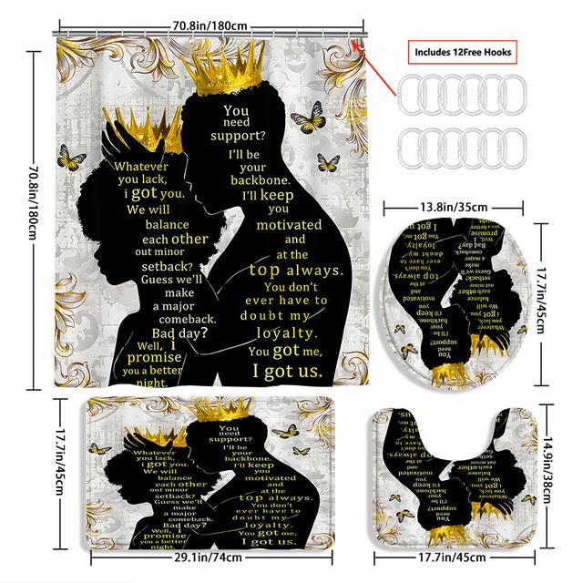 TEMU 4pcs Crown Curtain Shower Curtain Decoration, Beautiful Housewarming Gift Decoration, Waterproof Shower Curtain And Toilet Floor Mat Three-piece Set Comes With 12 Shower Curtain Hooks