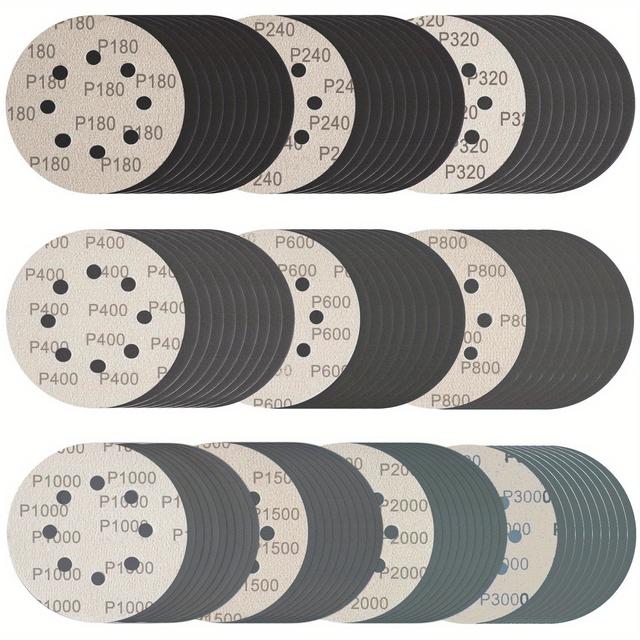 TEMU 100pcs Of 5-inch 8-hole Wet And Dry Sandpaper In Mixed Of 180, 240, 320, 400, 600, 800, 1000, 1500, 2000, And 3000, Made Of, Suitable For Wood, Automotive, And Metal Applications