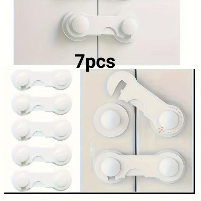 TEMU Set Of 7 Sturdy White Plastic Safety Locks - Ideal For Refrigerators And Cabinets - Without Tools, Fridge Locks, Pantry Security Latches, Adhesive Multipurpose Door Locks, Long-lasting