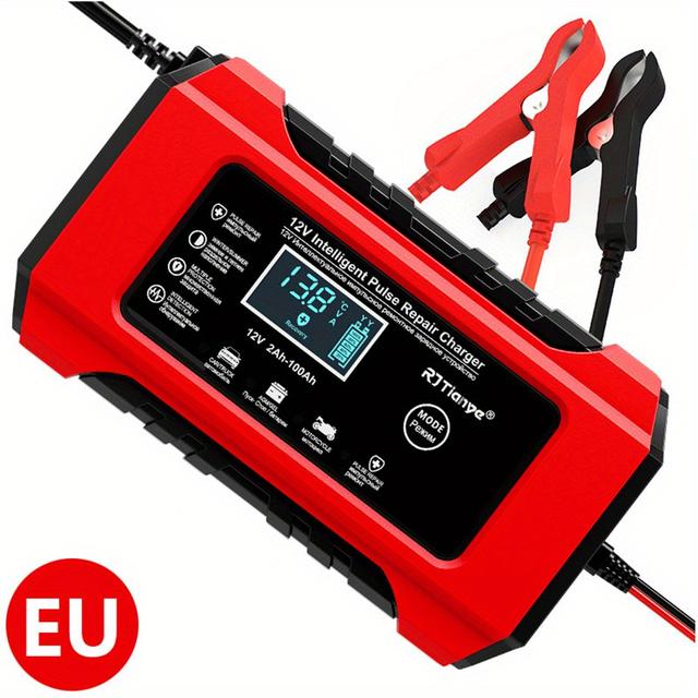 TEMU شاحن بطارية السيارة، شاحن ذكي بنبض سريع مع شاشة عرض LCD، صيانة نبض للسيارات والشاحنات والدراجات النارية. (قابس الأوروبي)