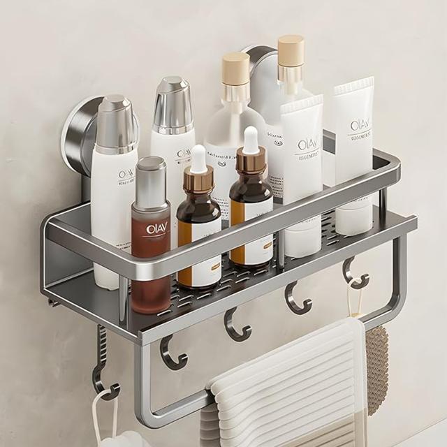 TEMU バスルーム収納ラック - 穴あけ不要の吸盤式2段収納ラック、洗面台用タオ、壁掛け、省スペース、取り外し可能、お手入れ簡単
