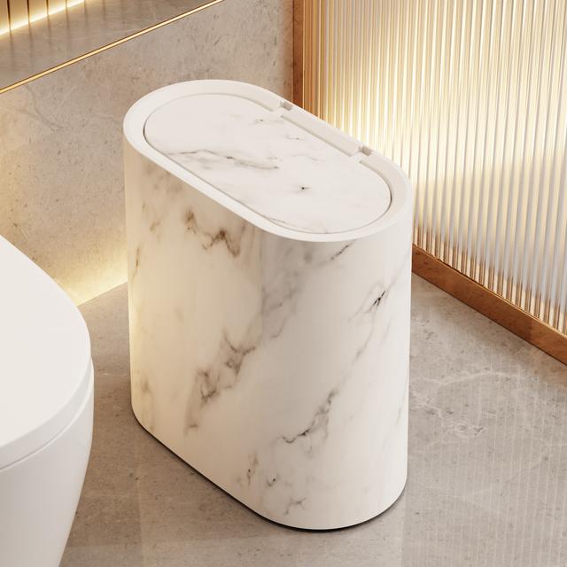 TEMU 14l/3.7gal Compact Marbling And Wood Grain Plastic Bin With Lid, Featuring Opening Mechanism, Ideal For Use In Toilets, Hotels, Homestays, Kitchens