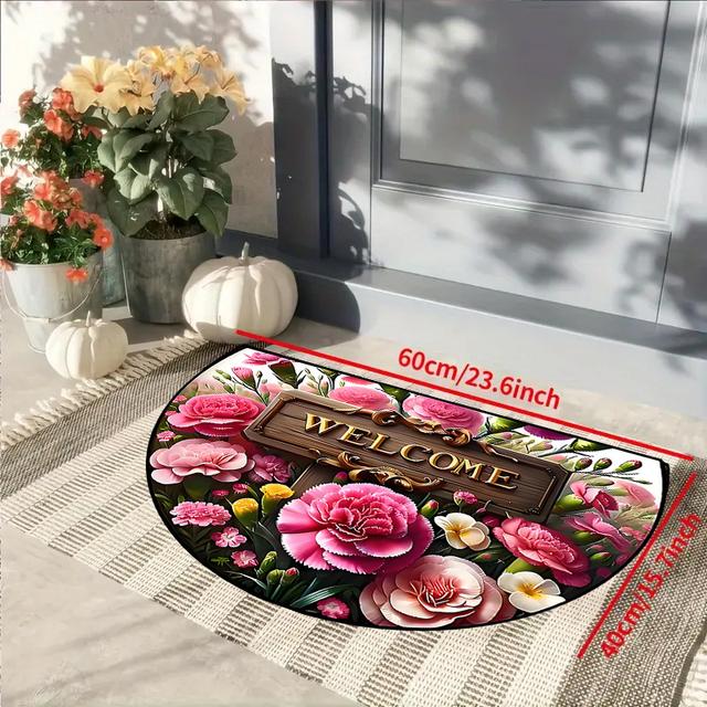 TEMU 1pc Welcome Rose Pattern Half Moon Door Mat - Durable, Washable Polyester, Ideal For Kitchen, Living Room, Bedroom - Decor Gift, Machine Washable, Outdoor Decor