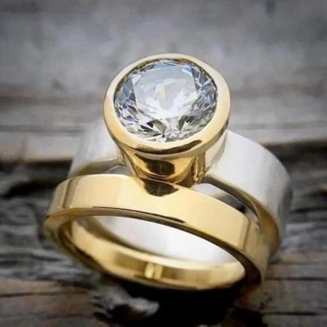 TEMU 2pcs/ Set Round Synthetic Zirconia Solitaire Wedding Rings Set Simple 2 Tone Rings For Women Wedding Banquet Rings Set Jewelry Gift