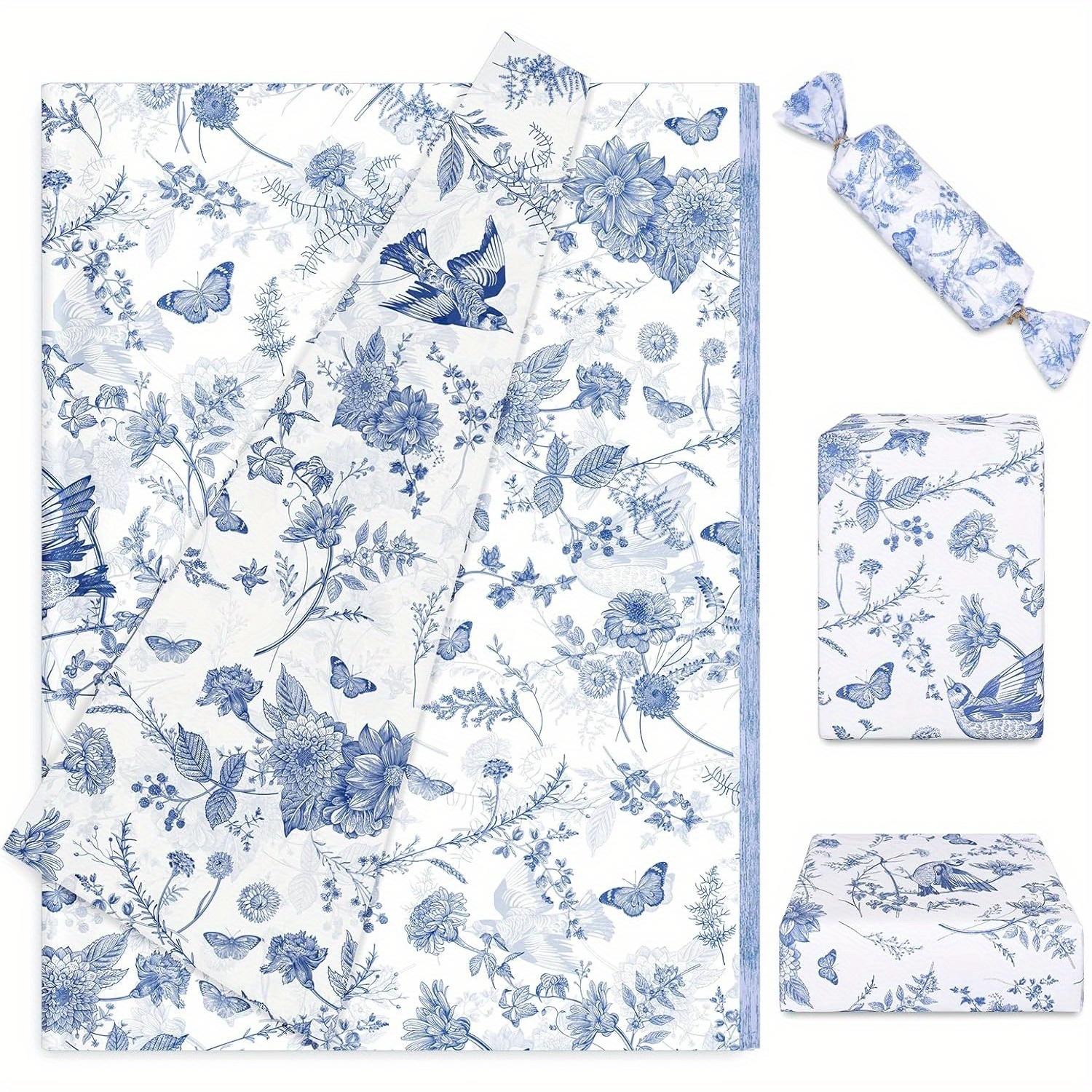 TEMU 10 Sheets 75x50cm Blue Floral Tissue Paper Chinoiserie Flower Bird Gift Wrapping Paper For Diy Art Craft Packaging Wedding