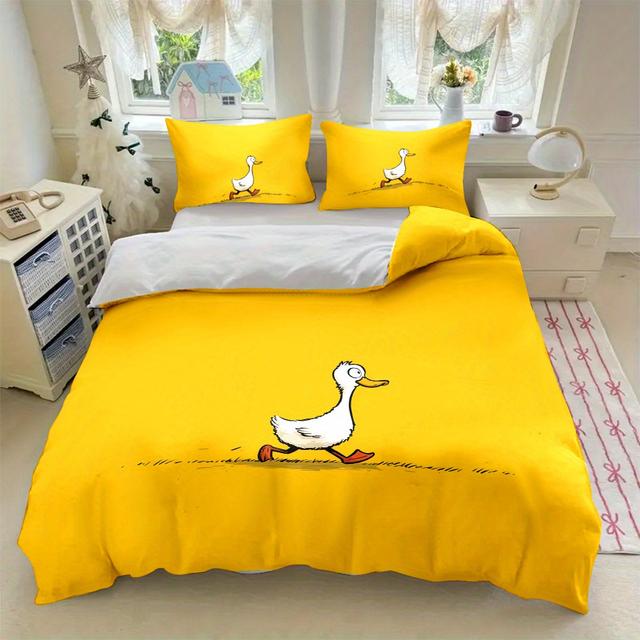 TEMU طقم أغطية سرير ثلاثي القطع بطباعة رقمية بثيمة "Duck Run"، يتضمن غطاء لحاف واحد وغطاءين وسادة، مع إغلاق بسحاب. مناسب لغرفة النوم، المنزل، وديكور السكن الجامعي، هدية مثالية لجميع
