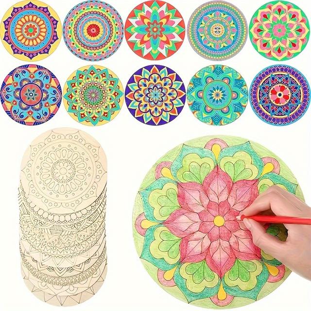 TEMU 10pcs Wooden Diy Hand Painting Mandala Coaster Painting Kit Unfinished Wooden Chips