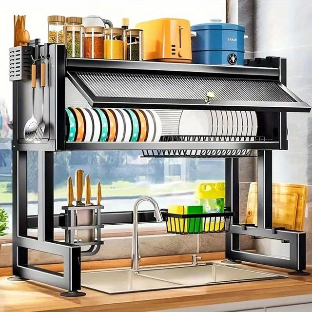 TEMU Over-the-sink Dish Drying Rack - Metal Material, Kitchen Sink Shelf Dish Rack With Cover, Ideal For Organized Kitchen Supplies