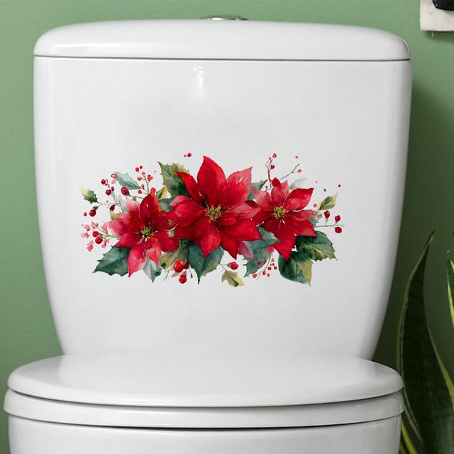 TEMU New Holiday-themed Poinsettia And Toilet Lid Sticker - Self-adhesive Festive Red Floral Bathroom Decor, End, Designed For Single Use, , Ideal For Plastic , Decoration