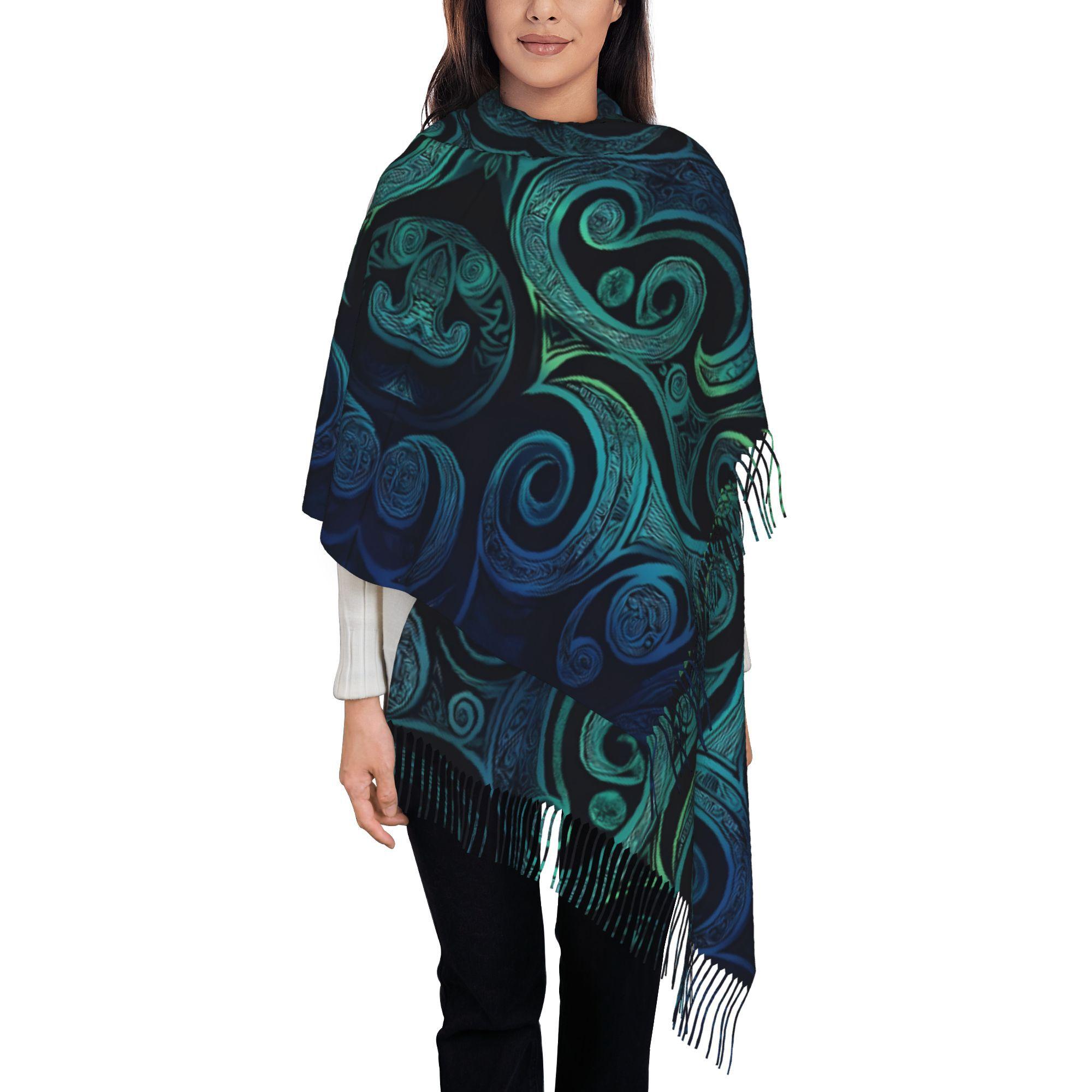TEMU New Zealand Paua & Print Koru Scarf Shawl - Tribal Fringed Warm Unisex For &, Cultural Gift For Cycling, Christmas, Birthdays, Casual Outfits (paua) 302