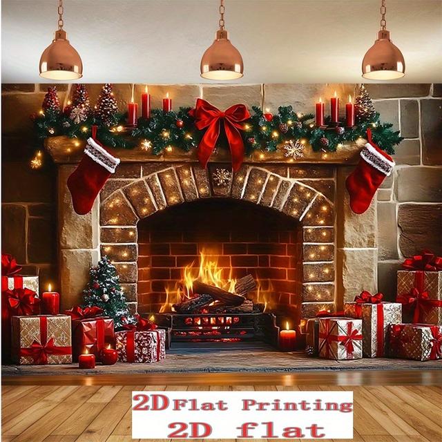 TEMU 2D 평면, 1개 대형 8x6피트 - 클립/스탠드 없음 크리스마스 배너 배경 - 빨간색 & 금색 벽난로 장식, 스타킹, 화환 & 눈 덮인 겨울 풍경 - 실외 벽, 파티, 사진 배경용 내구성 - 쉬운 설치 휴일, 2D 평면