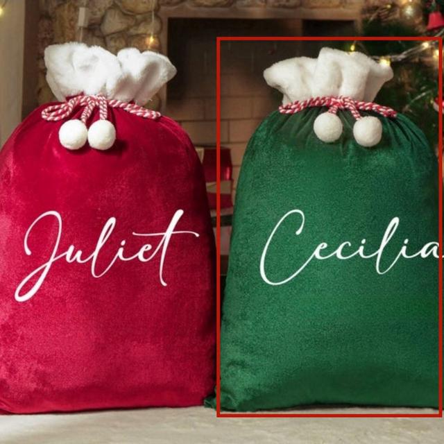TEMU 1pc Custom Embroidered Name Christmas Stocking, Personalized Santa Claus Bag With Handmade Embroidery, Festive Holiday Gift Sack, Polyester, Hand Wash Only - Available In Red, Pink, Green