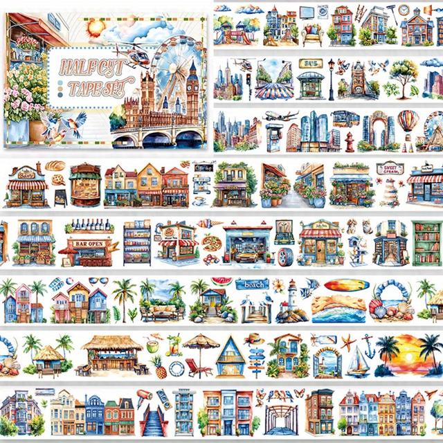 TEMU 4개 세트 매트 비치 PET 와시 테이프, 스티커 및 스크랩북용 도시 건축 마스킹 테이프