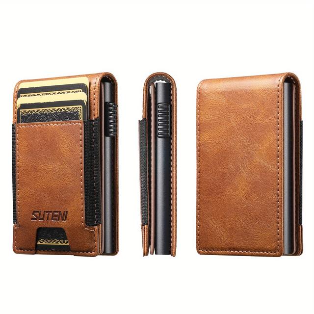 TEMU Denior Faux Leather Wallet With A Photo Frame And Magnetic Bracket For Card Insertion, Featuring An Automatic Pop-up Button For Men's Credit Cards, Designed As A Multifunctional Card Holder