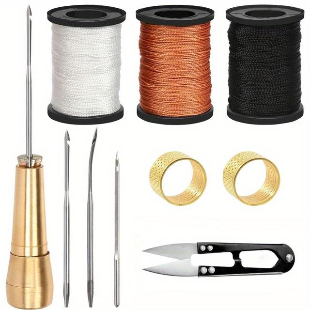 TEMU 10er-Set Leinwand-Kunstleder-Nähäxte mit Kupfergriffen, 50m Nylonkordel in 3 Farben und 2er-Set Spitzen und eine Schere, für Handgemachte Kunstleder-Nähwerkzeuge, Schuhe und Kunstleder-Reparatur