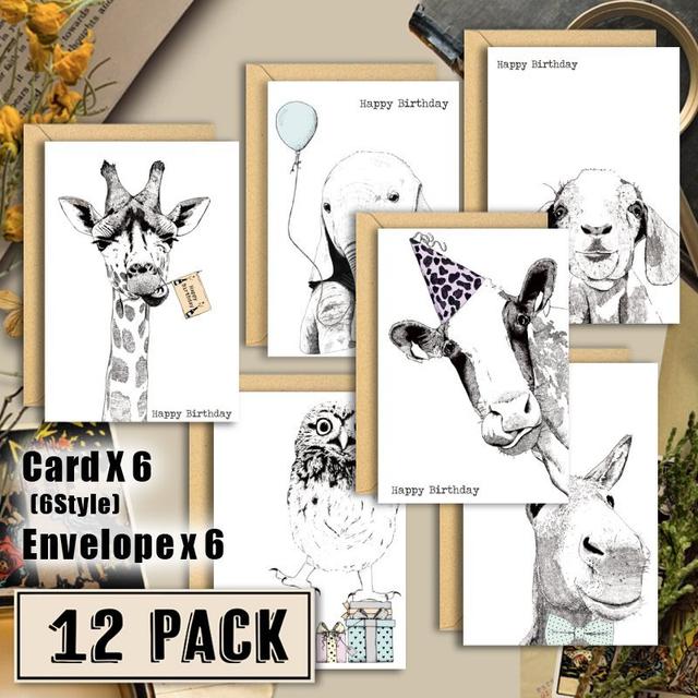 TEMU 12pcs/set, Cute Animal Birthday Cards With Envelopes, 6 Animal Illustrations Designs Birthday Card Bulk, , 12pcs