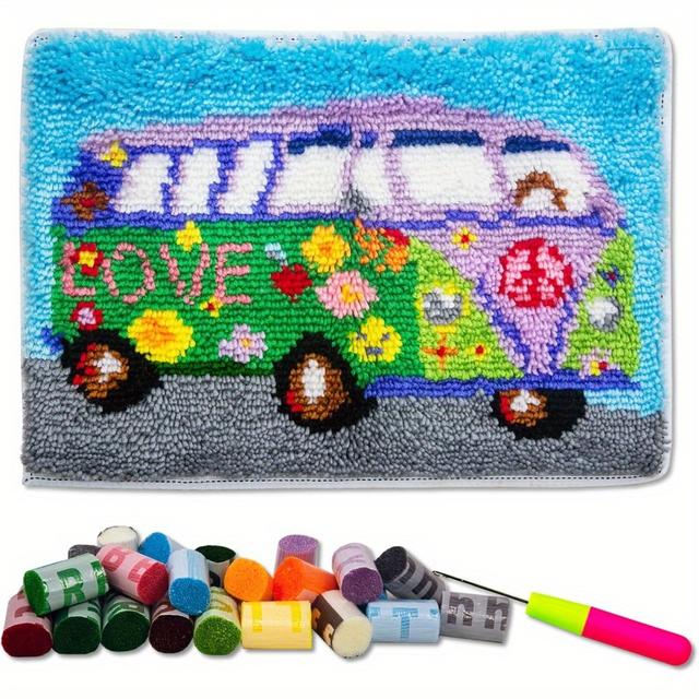TEMU Diy Flower Car Latch Hook Kit - Pre-printed - Set For Adults & Beginners, Vibrant Hippie Van With "love" Design, Ideal For Home Decor, 20.47" X 14.96", Includes Colorful Threads & Tool