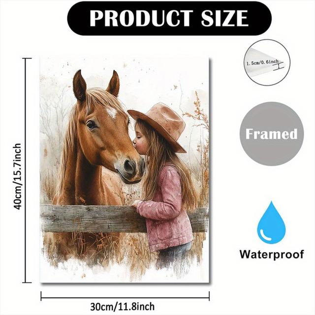TEMU 1pc Wooden Framed Canvas - Adorable Girl Kissing , Fence Scene Suitable For Room Decor, Horse-themed Picture, Ready-to-hang Framed Artwork For Room,, Or Equestrian Decorations