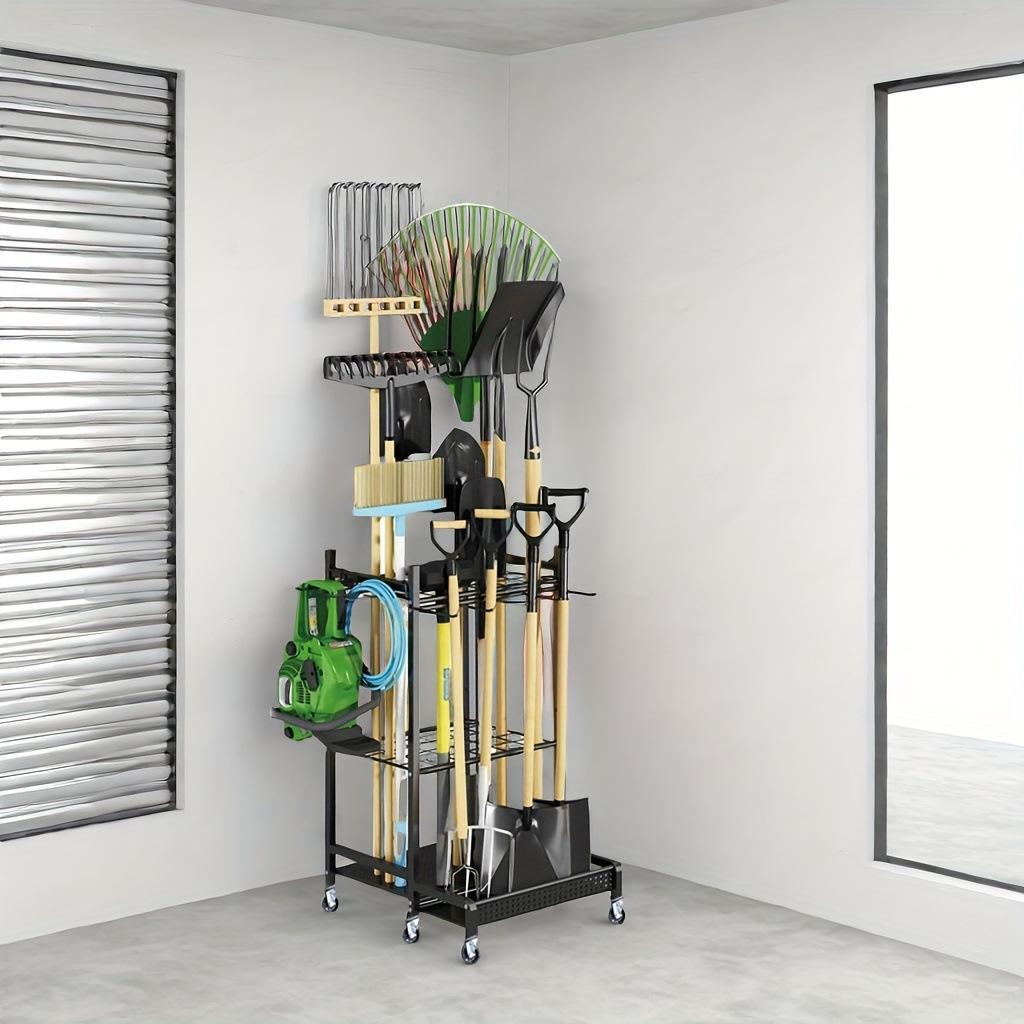 TEMU Metal Garden Tool Storage Solution - Utility Shelves With Hooks For Garage, Yard & Outdoor Use, Durable Stand For Long-handled Tools, Brooms, Shovels, Rakes, In Black