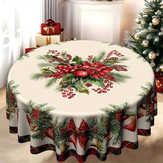 TEMU 1pc Merry Christmas Round Tablecloth - 120g/㎡ Thick Twill, Cone & Holly Design, Polyester Fleece Fabric, Ideal For Holiday Party Decor & Home Kitchen, Christmas Table Decor