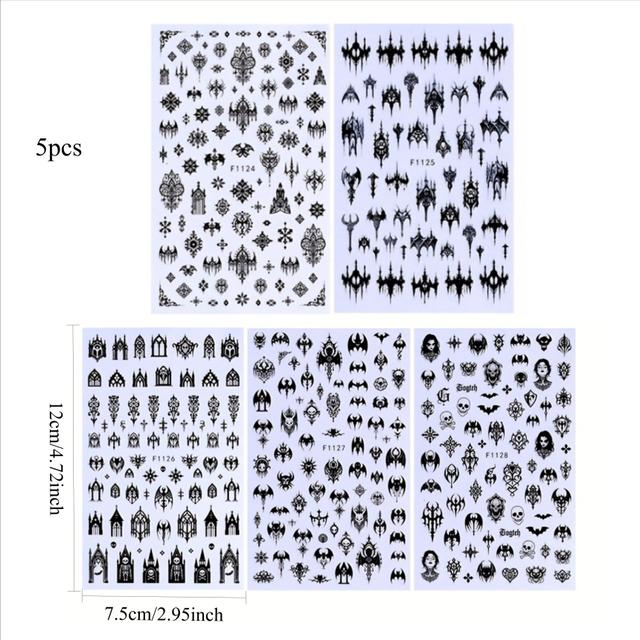 TEMU Set Of 5 3d Gothic Black Nail Stickers Featuring Cool Designs Like Letters, Lace, Castles, And , Perfect For Y2k Autumn And Winter Nail Art Decoration