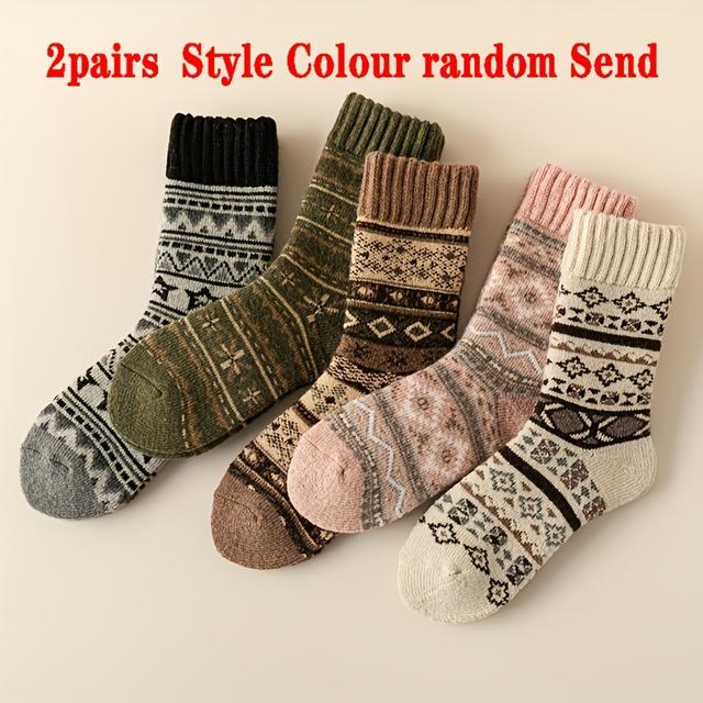 TEMU ถุงเท้าข้อยาวผู้หญิงสีสุ่ม 2 คู่, หนาและอบอุ่น, กันหนาว, สไตล์ชาติพันธุ์, ถุงเท้าใส่บ้าน, โยคะ, ถุงเท้าลาย, ดีไซน์ใส่สบาย, ผ้าทนทาน