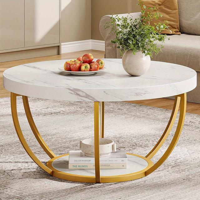 TEMU Modern Round Coffee Table, 2 Tier Coffee Table With And Golden Metal Legs, Circle Center Table Tea Table Accent Furniture For Living Room, White And Golden