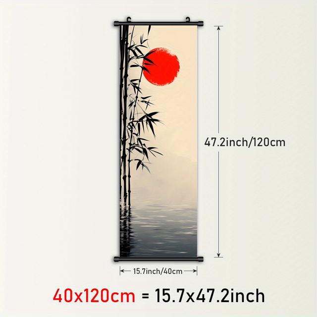 TEMU 2d Flat, 2d Flat, 1pc Framed Wall Art Featuring A Scroll Painting In , A Canvas Poster With A Red Sun, Decor, And A Water-themed Artwork Print, All In A Plastic Frame With A Hanger