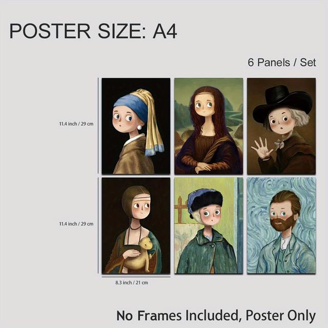 TEMU 6pcs Famous Painting In Cartoon Style - Modern Art Canvas Prints, Unframed Wall Decor For Living Room, Bedroom, Or Classroom, A4 Size 11.8"x8.3" (30x21cm), Vibrant Colors & Designs