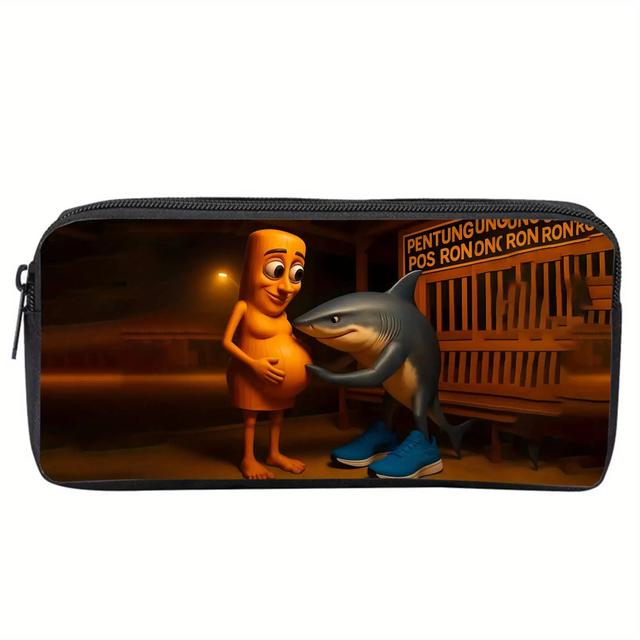 TEMU Пензлик з мультяшним акулою та помаранчевим персонажем - великий на блискавці, стильний та повсякденний , з барвистими ілюстраціями, підходить для зберігання офісного приладдя, милий пензлик
