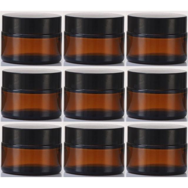 TEMU 9pcs Amber Glass Jars - Tinted Refillable Cosmetic Containers With Black Lids | Ideal For Travel Toiletries, Diy Skincare Samples, Vanity Storage, Bathroom Organizing, Makeup Powder/lotion/creams