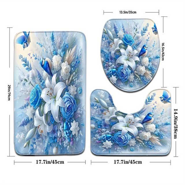TEMU 3d Printed Series Blue Bird Pattern Shower Curtain Bathroom Set