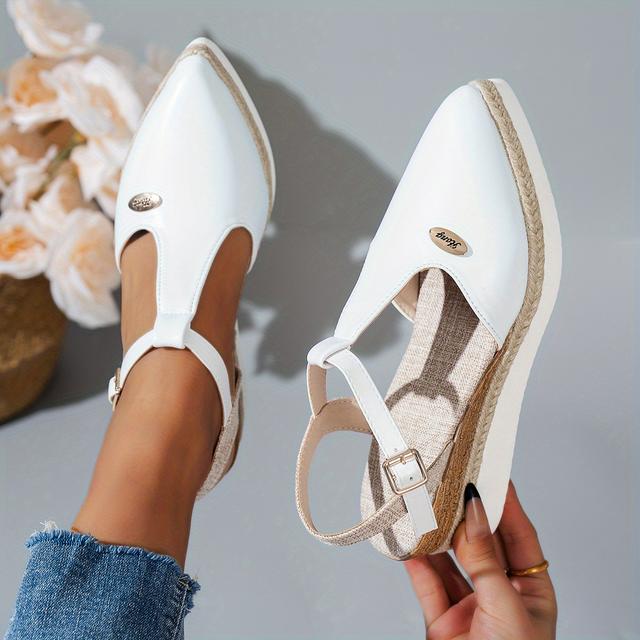 TEMU Women's Summer Pointed Toe High Heel Sandals - Thick Platform Wedge Anti-slip Rubber Sole, White Synthetic Cover Casual Dress Shoes For Warm Weather