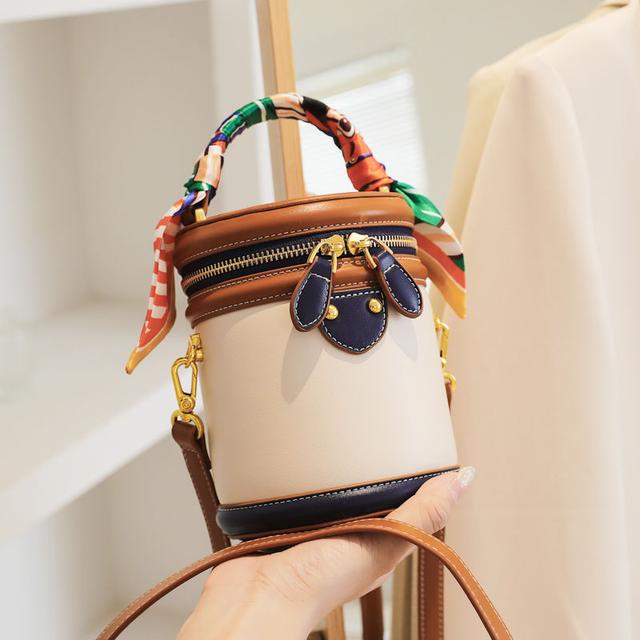 TEMU Colorblock Shoulder Cylinder Bucket Bag, Scarf Decor Top Handle Bag, Stylish Crossbody Purse For Women
