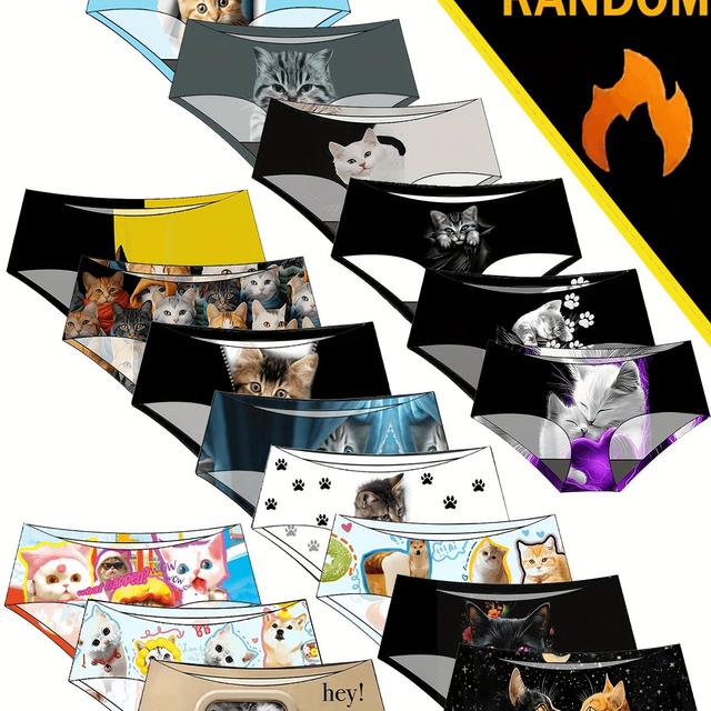 TEMU Culotte Femme 3 Poches Imprimé Numérique Chat Cartoon Tissu Fibre Élastique Confort Toutes Respirant Séchage Rapide Culotte Automne